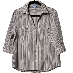 Denver Hayes Striped White Gray Pale Green Button-Up Shirt 3/4 Sleeves Sz L NWOT